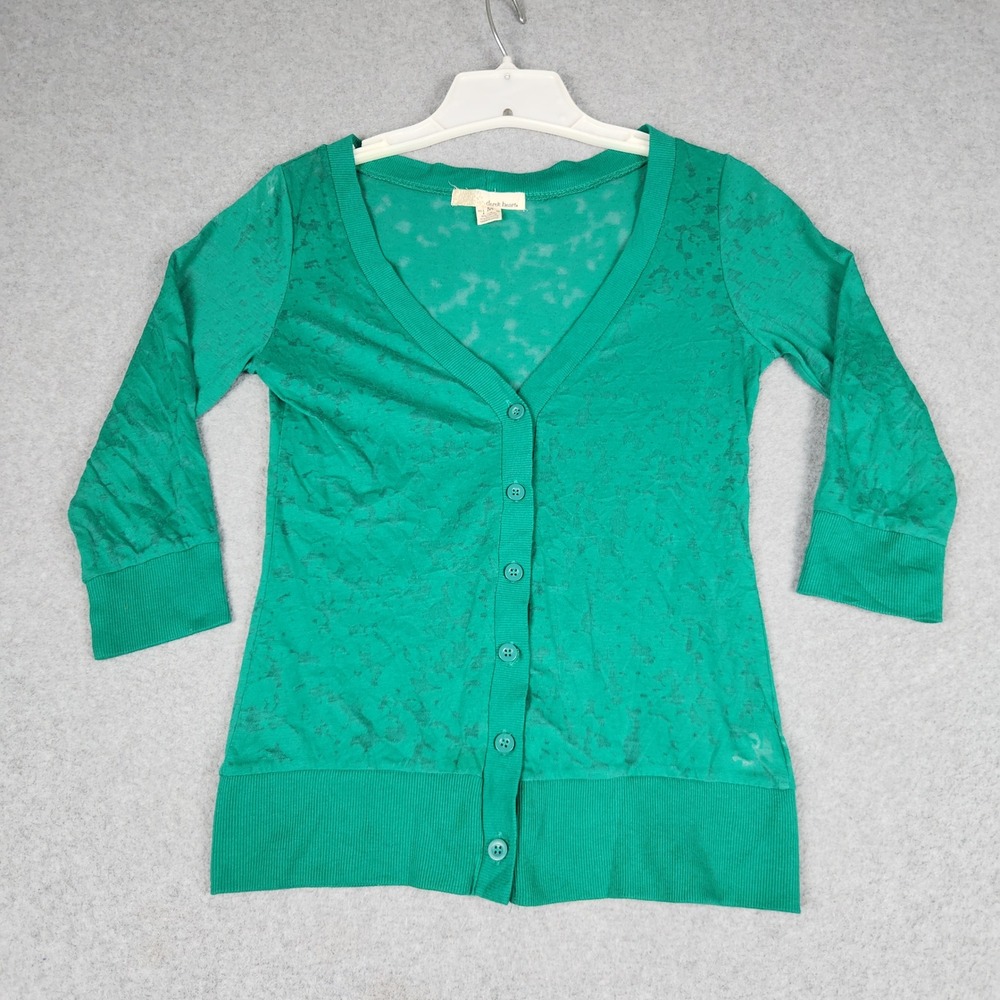 Derek Heart Cardigan Womens Medium Green Burnout Floral Knit V-Neck Button Front